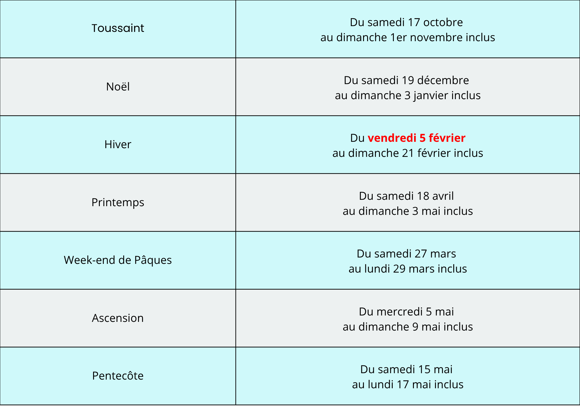 Petit Collège Calendrier vacances scolaires